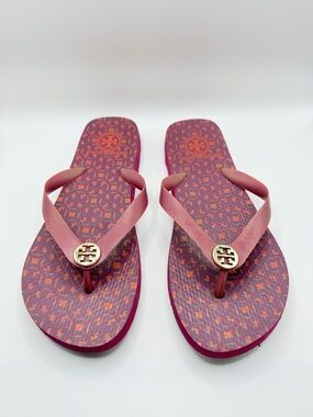 Tory Burch Pink and Orange Patterned Logo Flip-Flop Sandals
